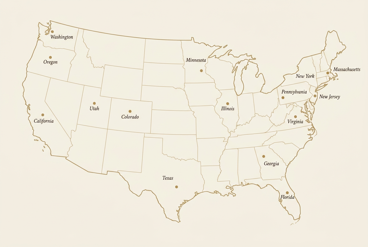 Editorial map of the United States marking the home states of past Trip to Sicily guests